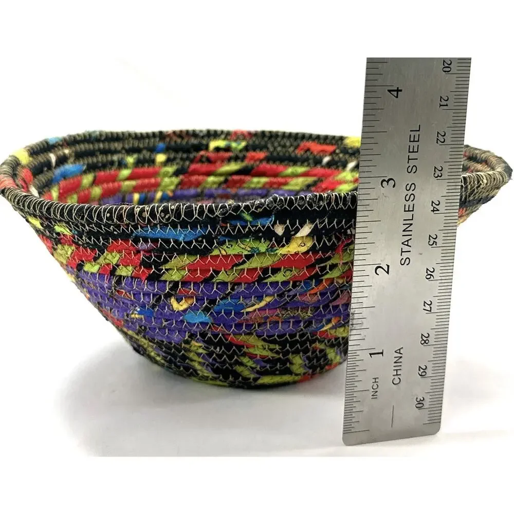 Handmade Coiled Fabric Bowl Bird Center Quilted Textile Basket 7” Colorful Decor